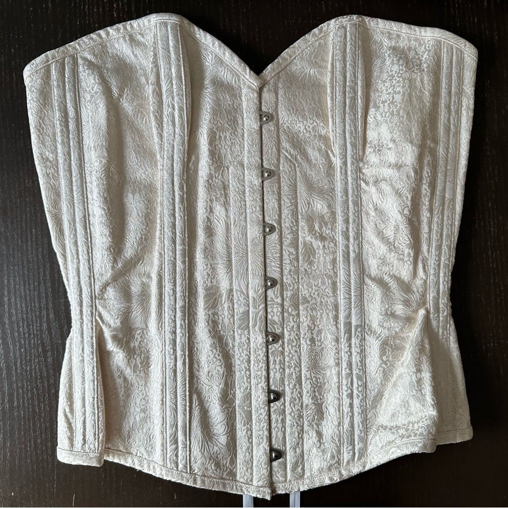 Dark Garden Sweetheart cream white brocade bridal overbust corset cincher 28”